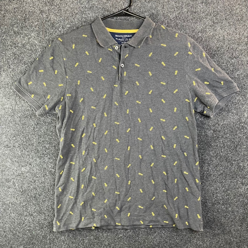 Banana Republic Mens Pineapple Print Polo Shirt Dark Charcoal Grey Yellow Medium